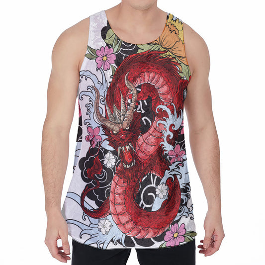 Red Japanese Dragon Tattoo Print Men's Velvet Tank Top