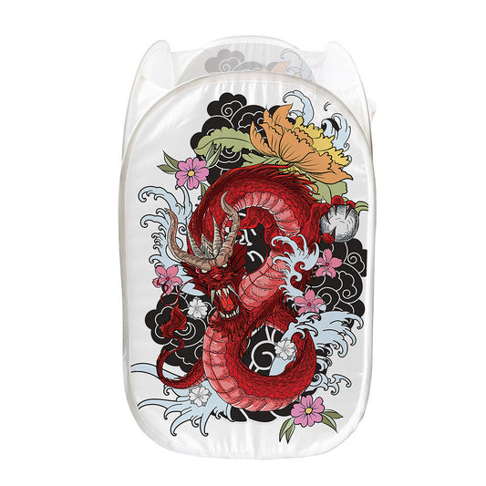 Red Japanese Dragon Tattoo Print Mesh Laundry Hamper