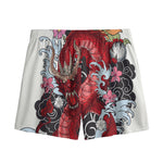 Red Japanese Dragon Tattoo Print Mesh Shorts