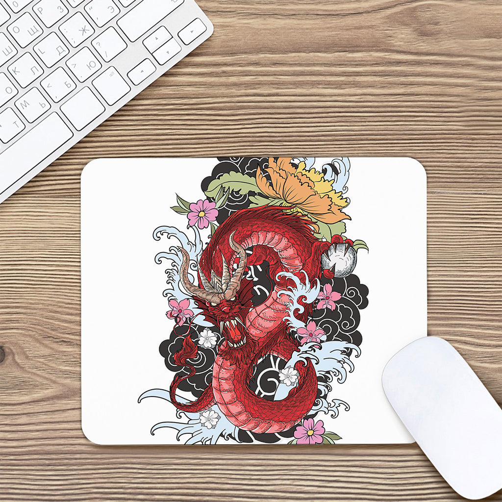 Red Japanese Dragon Tattoo Print Mouse Pad