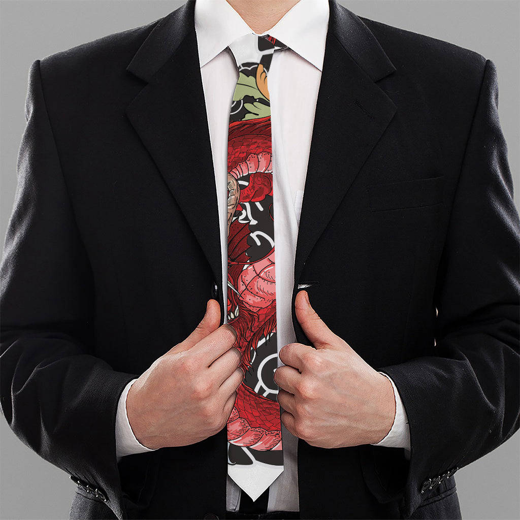 Red Japanese Dragon Tattoo Print Necktie