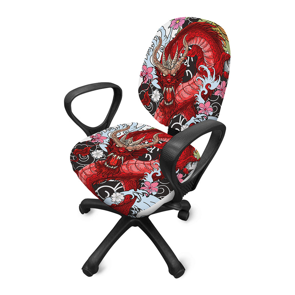 Red Japanese Dragon Tattoo Print Office Chair Cover