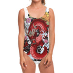 Red Japanese Dragon Tattoo Print One Piece Swimsuit