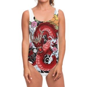 Red Japanese Dragon Tattoo Print One Piece Swimsuit