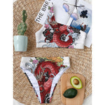 Red Japanese Dragon Tattoo Print One Shoulder Bikini Top