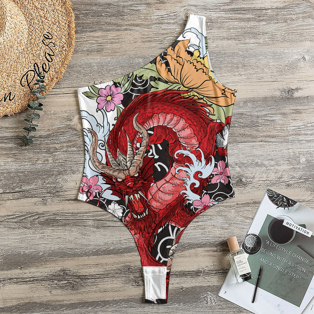 Red Japanese Dragon Tattoo Print One Shoulder Bodysuit