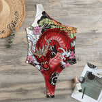 Red Japanese Dragon Tattoo Print One Shoulder Bodysuit