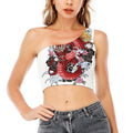 Red Japanese Dragon Tattoo Print One Shoulder Crop Top