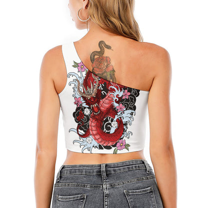 Red Japanese Dragon Tattoo Print One Shoulder Crop Top
