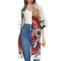 Red Japanese Dragon Tattoo Print Open Front Beach Cover Up