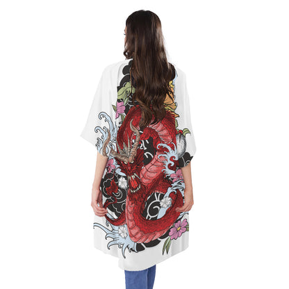 Red Japanese Dragon Tattoo Print Open Front Beach Cover Up