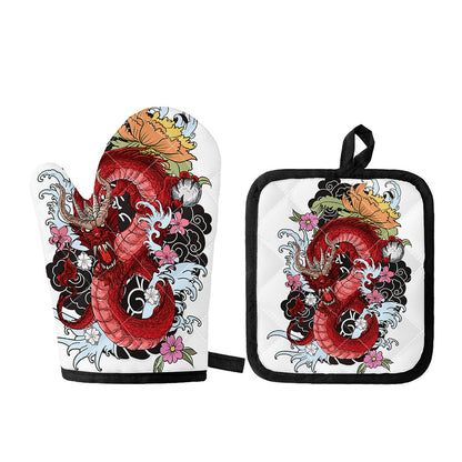 Red Japanese Dragon Tattoo Print Oven Mitt And Pot Holder Set