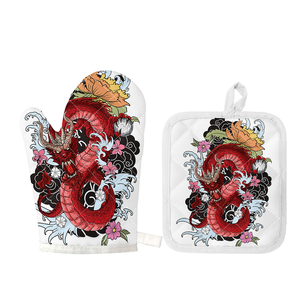 Red Japanese Dragon Tattoo Print Oven Mitt And Pot Holder Set