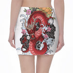 Red Japanese Dragon Tattoo Print Pencil Mini Skirt