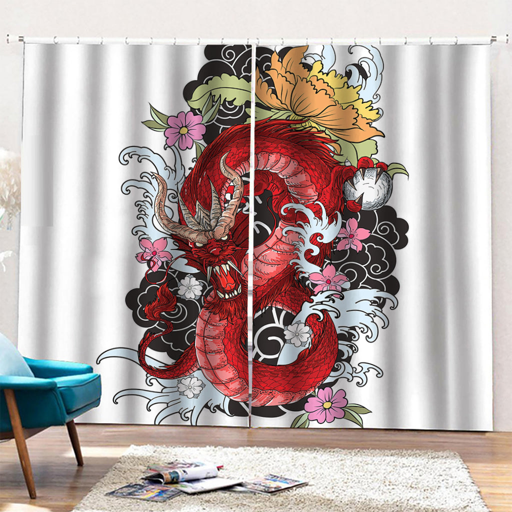 Red Japanese Dragon Tattoo Print Pencil Pleat Curtains