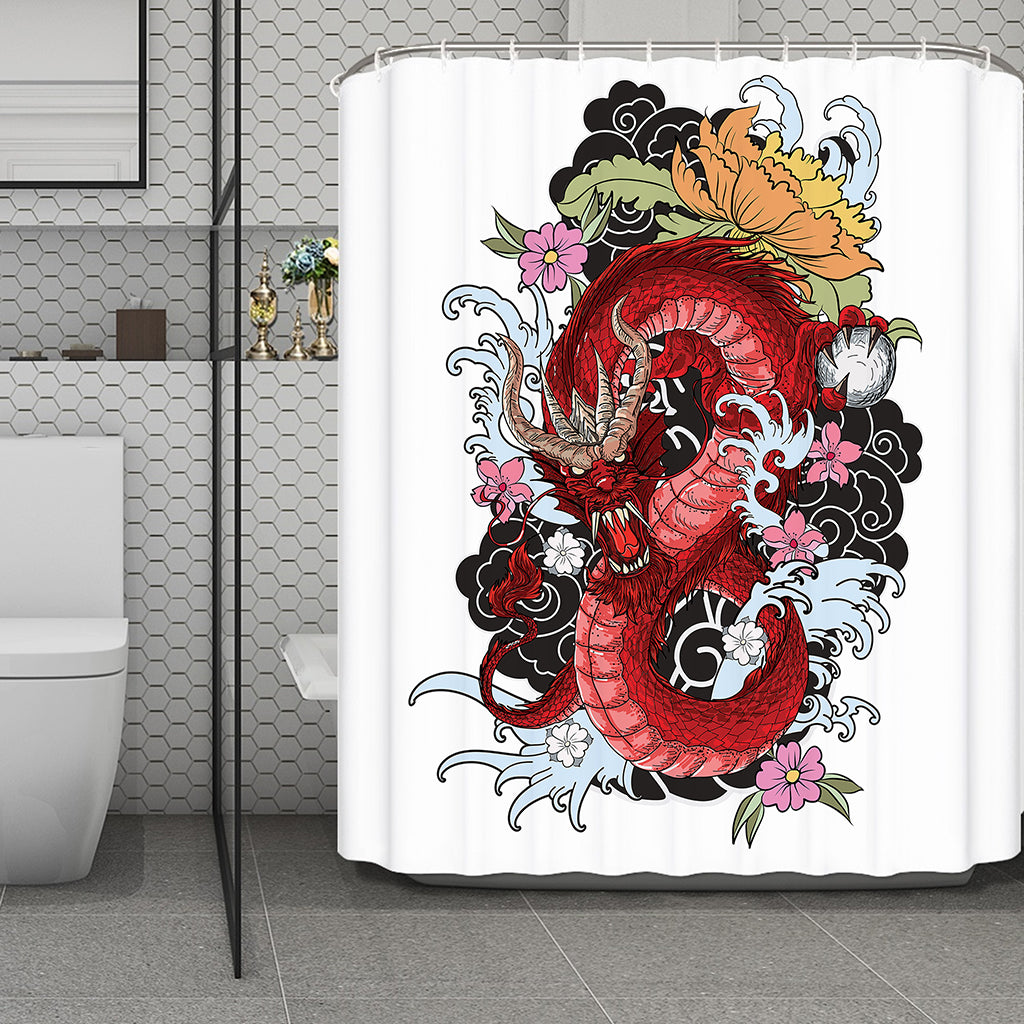 Red Japanese Dragon Tattoo Print Polyester Shower Curtain