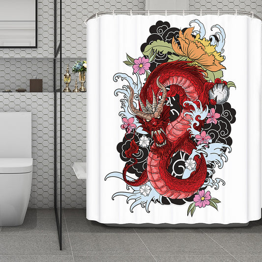 Red Japanese Dragon Tattoo Print Polyester Shower Curtain