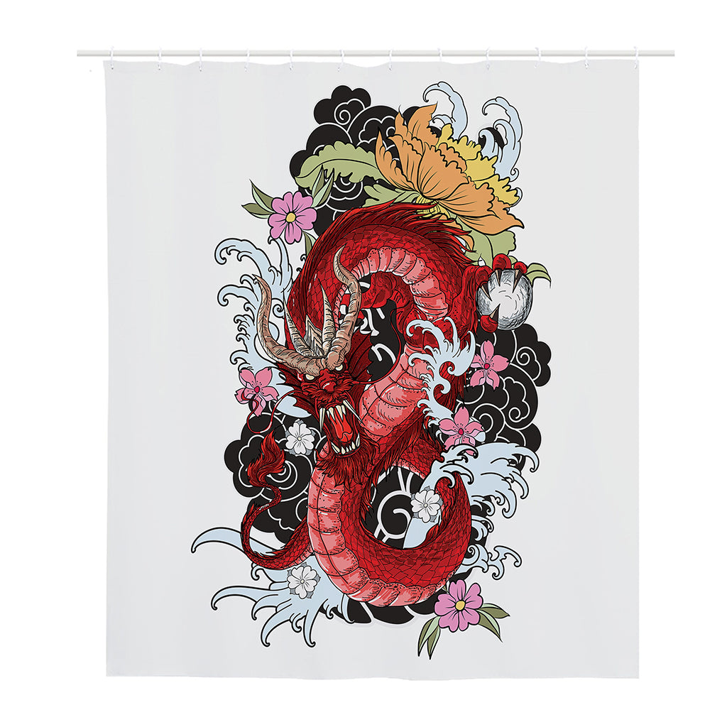 Red Japanese Dragon Tattoo Print Polyester Shower Curtain