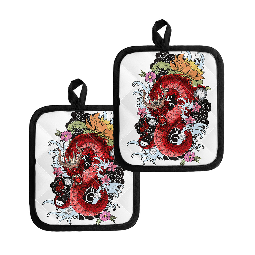 Red Japanese Dragon Tattoo Print Pot Holders