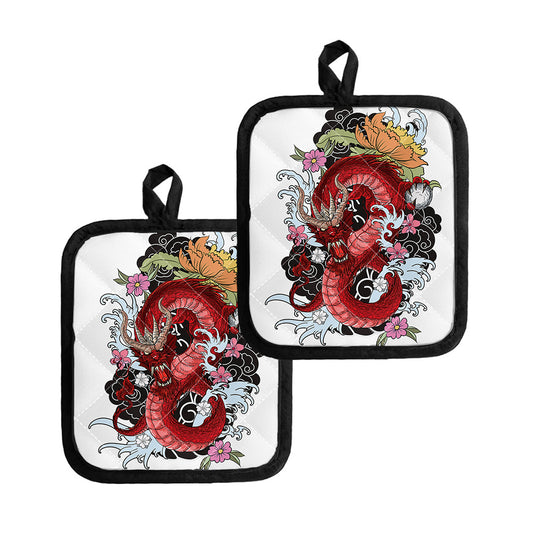 Red Japanese Dragon Tattoo Print Pot Holders