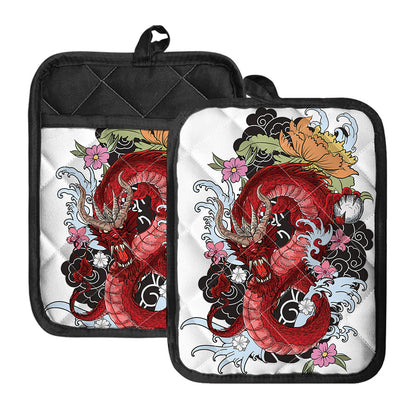 Red Japanese Dragon Tattoo Print Pot Holders With Pocket