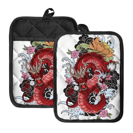 Red Japanese Dragon Tattoo Print Pot Holders With Pocket