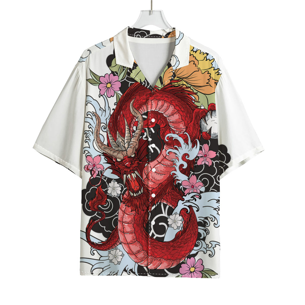 Red Japanese Dragon Tattoo Print Rayon Hawaiian Shirt