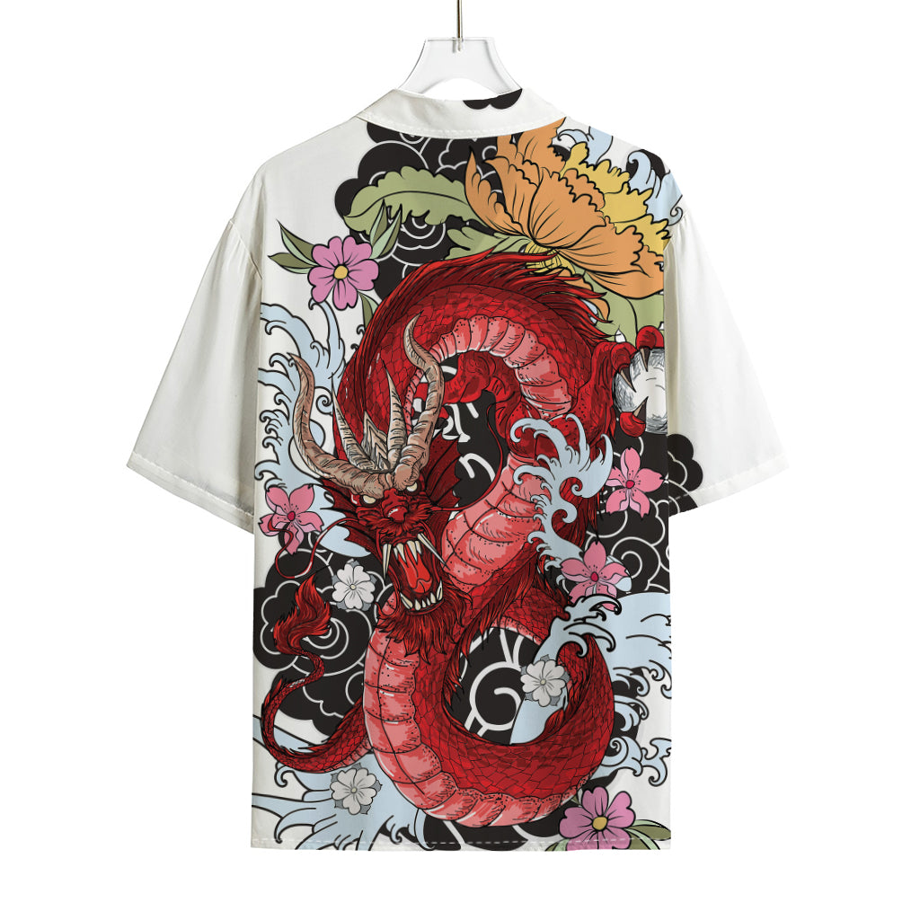 Red Japanese Dragon Tattoo Print Rayon Hawaiian Shirt