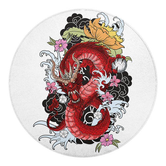 Red Japanese Dragon Tattoo Print Round Blanket