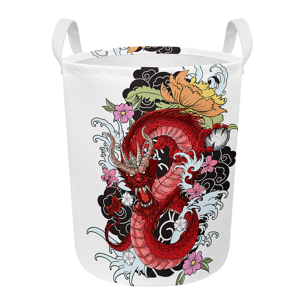 Red Japanese Dragon Tattoo Print Round Laundry Basket