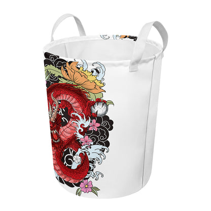 Red Japanese Dragon Tattoo Print Round Laundry Basket