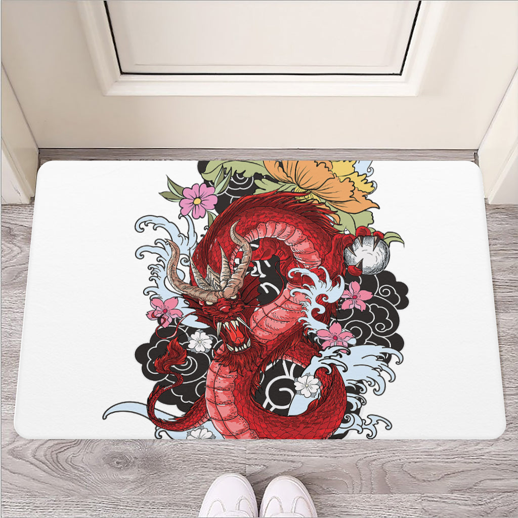 Red Japanese Dragon Tattoo Print Rubber Doormat