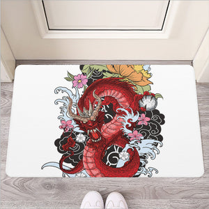 Red Japanese Dragon Tattoo Print Rubber Doormat