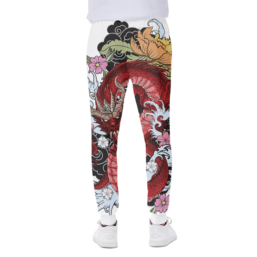 Red Japanese Dragon Tattoo Print Scuba Joggers