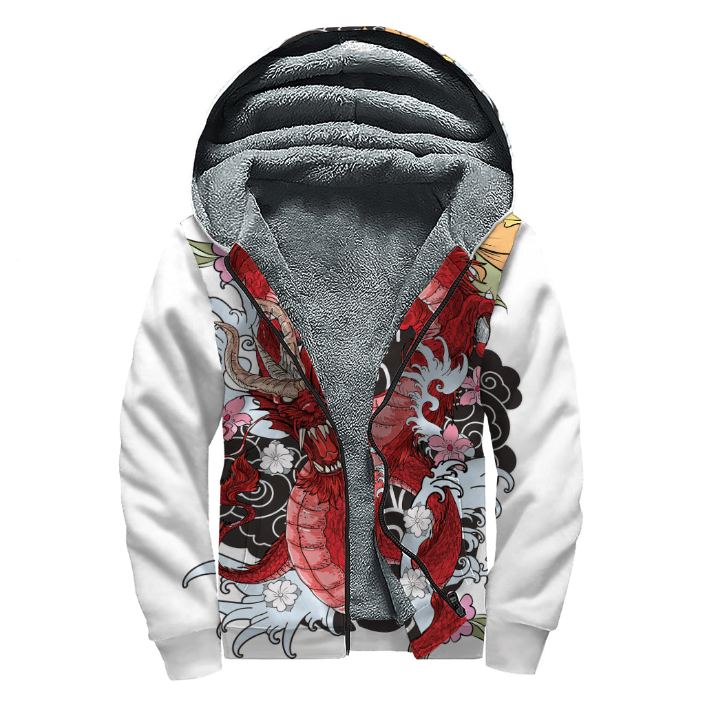 Red Japanese Dragon Tattoo Print Sherpa Lined Zip Up Hoodie