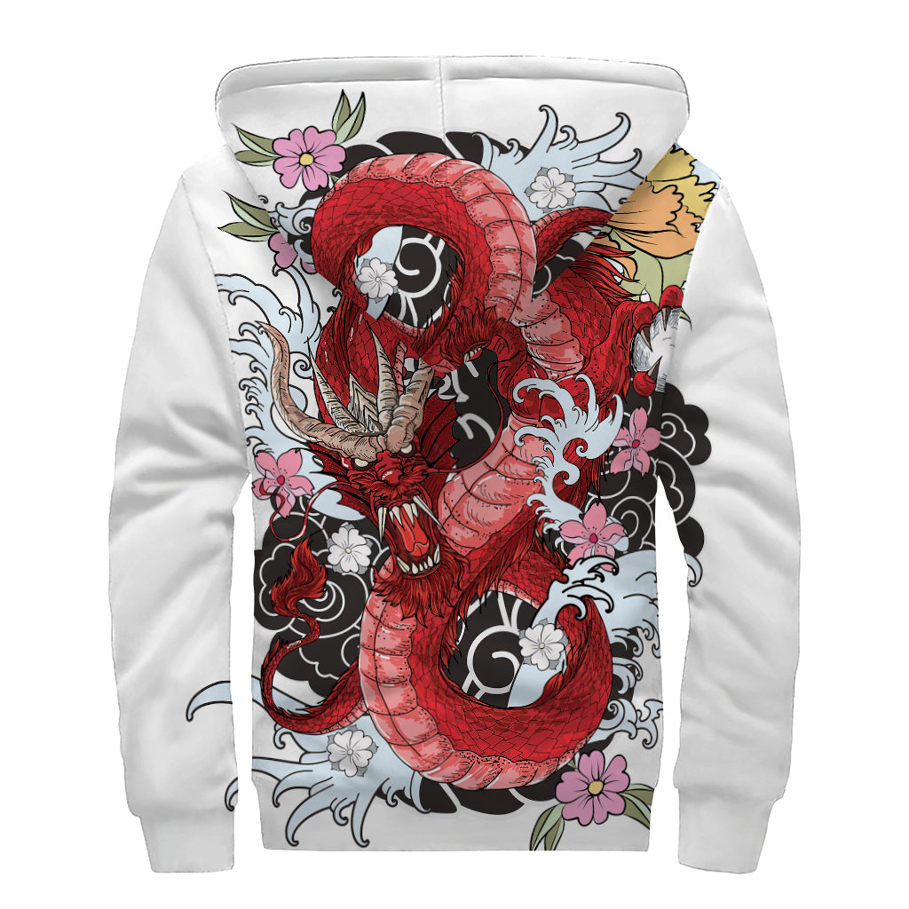 Red Japanese Dragon Tattoo Print Sherpa Lined Zip Up Hoodie