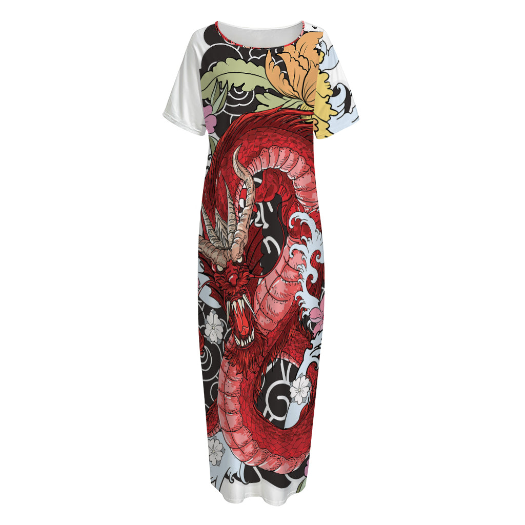 Red Japanese Dragon Tattoo Print Short Sleeve Long Nightdress