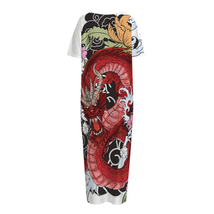 Red Japanese Dragon Tattoo Print Short Sleeve Long Nightdress