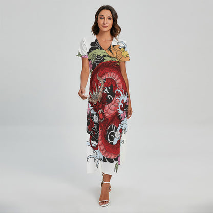 Red Japanese Dragon Tattoo Print Short Sleeve Maxi Dress