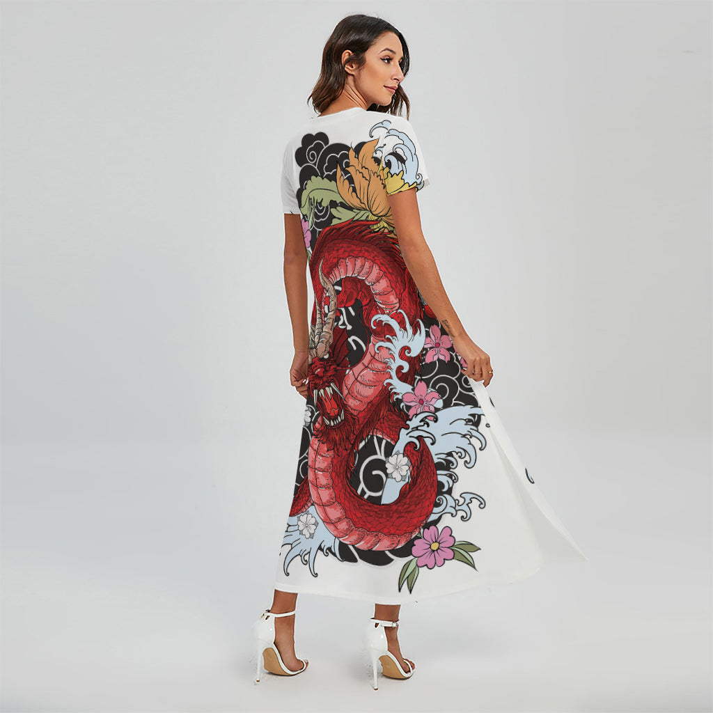 Red Japanese Dragon Tattoo Print Short Sleeve Maxi Dress