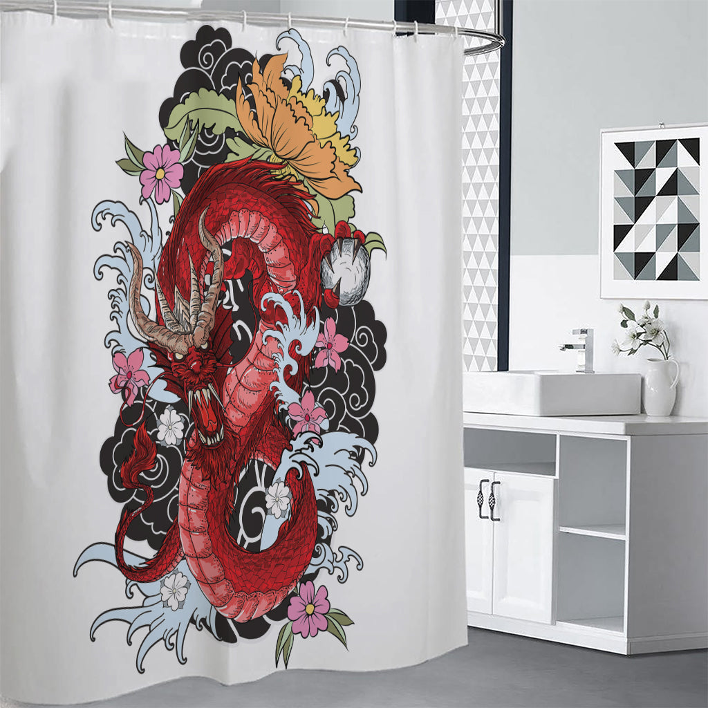 Red Japanese Dragon Tattoo Print Shower Curtain