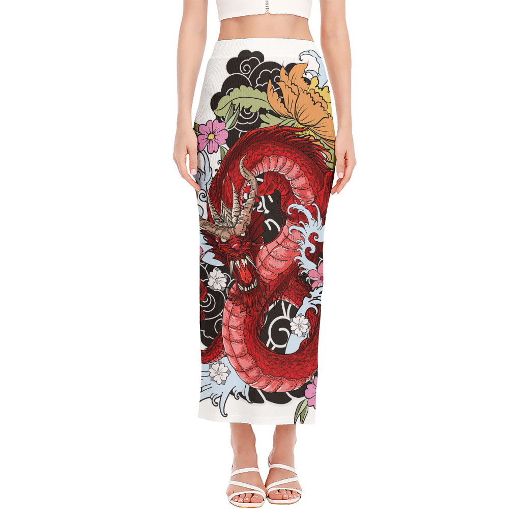 Red Japanese Dragon Tattoo Print Side Slit Maxi Skirt