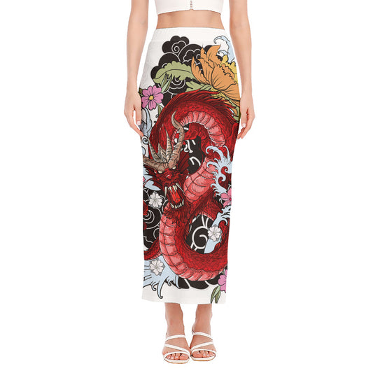 Red Japanese Dragon Tattoo Print Side Slit Maxi Skirt