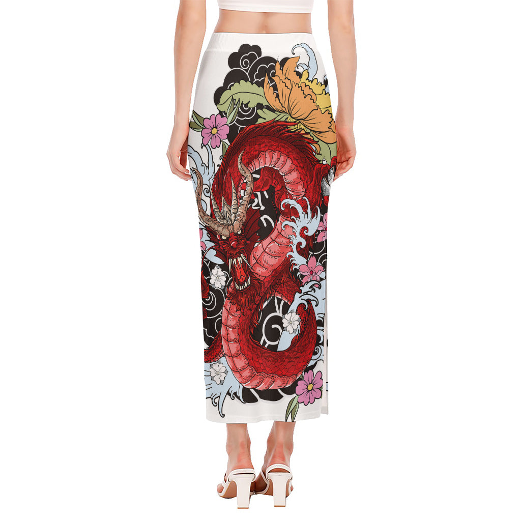 Red Japanese Dragon Tattoo Print Side Slit Maxi Skirt