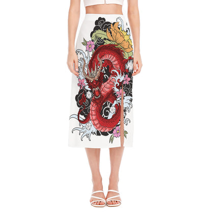 Red Japanese Dragon Tattoo Print Side Slit Midi Skirt