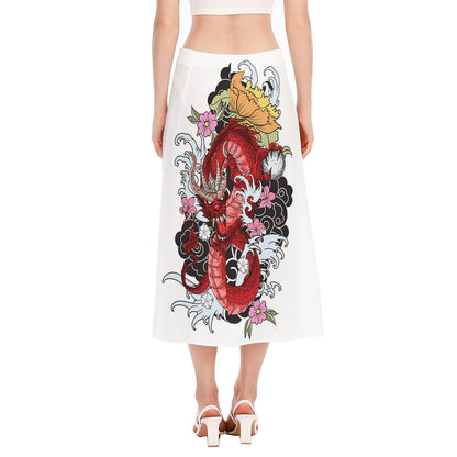 Red Japanese Dragon Tattoo Print Side Slit Midi Skirt