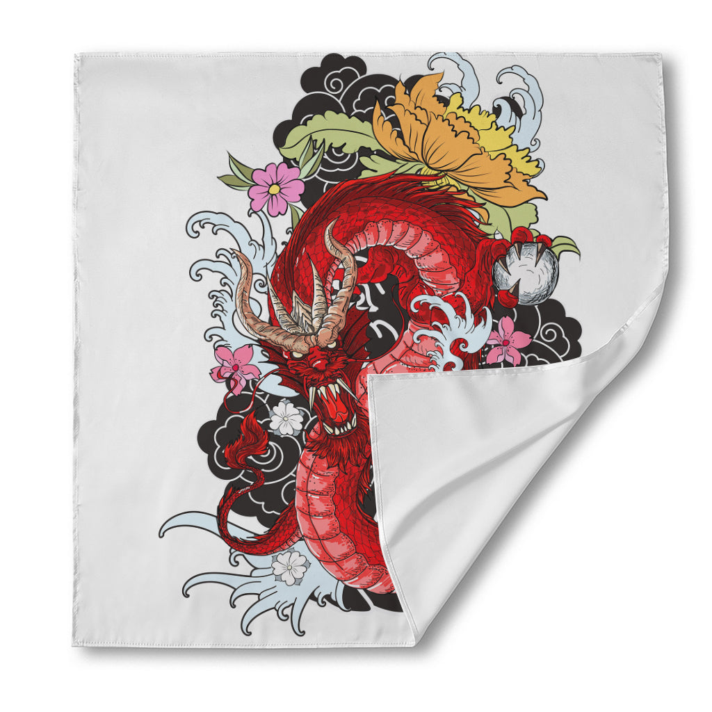 Red Japanese Dragon Tattoo Print Silk Bandana