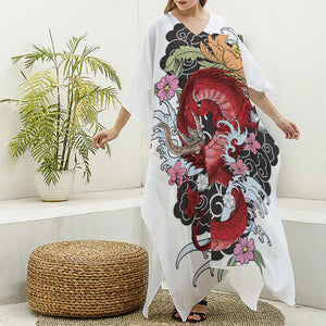 Red Japanese Dragon Tattoo Print Silk V-Neck Kaftan Dress