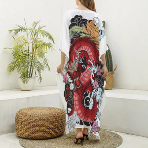 Red Japanese Dragon Tattoo Print Silk V-Neck Kaftan Dress