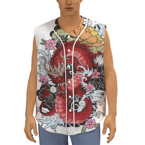 Red Japanese Dragon Tattoo Print Sleeveless Baseball Jersey